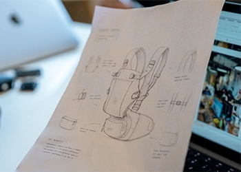 Hand-drawn concept sketch of a Growgether baby carrier