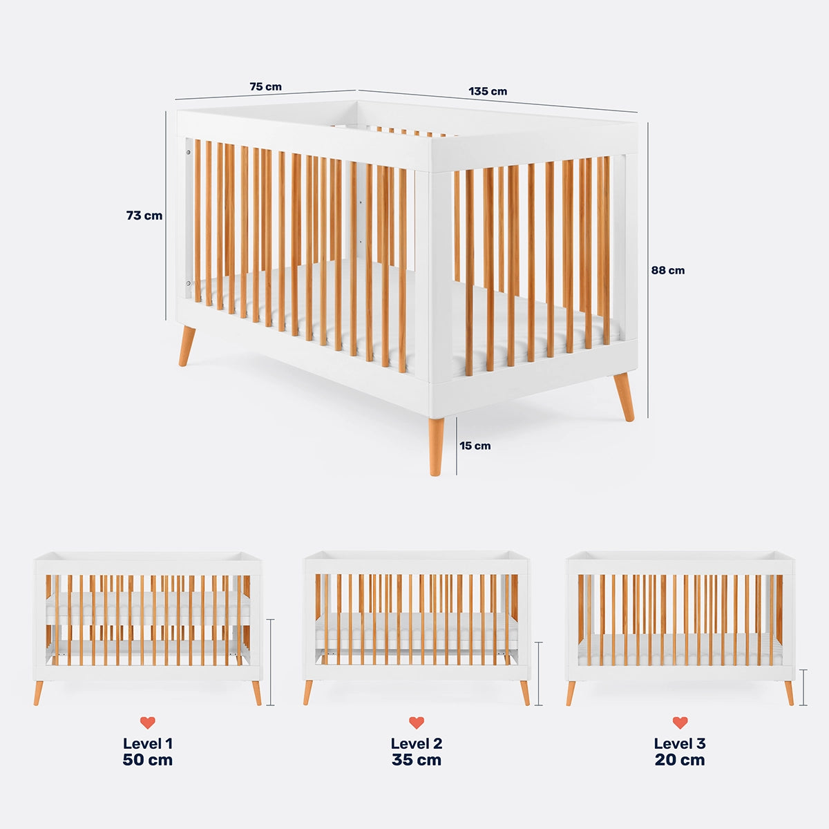 Baby Crib | 4-in-1 Convertible Pinewood Crib with Adjustable Height & Safety Rails | From newborn to 4 years